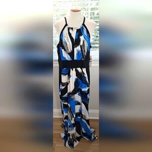 London Style Black/White/Blue Sleeveless Long Dress Sz XL NWT